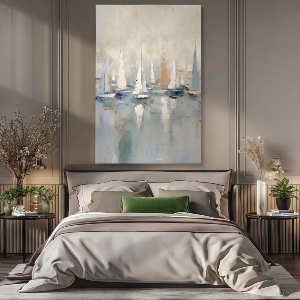 Tablou canvas cu pictura abstracta cu barci cu panze, fara rama, pe sasiu de lemn, pe perete intr-un dormitor